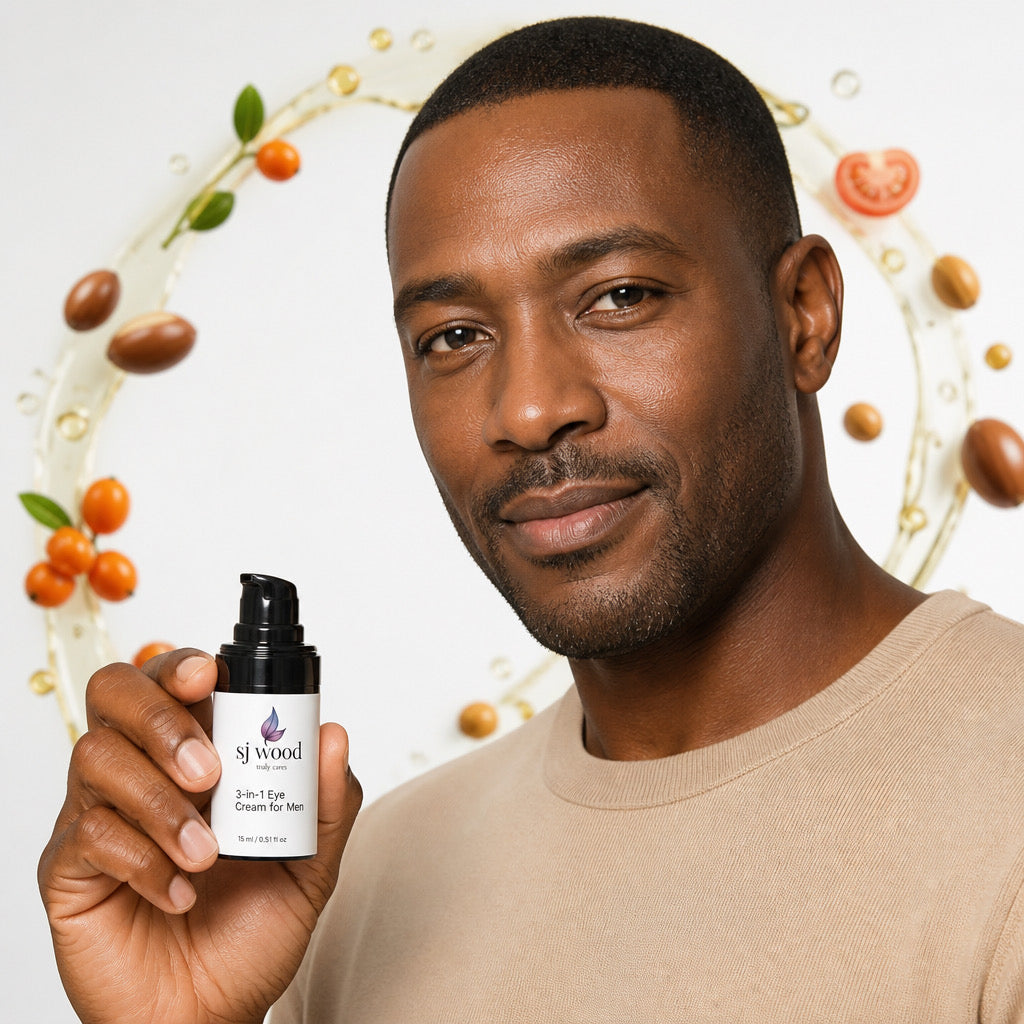 This is a picture of a man holding a 3-in-1 Eye Cream for Men bottle.