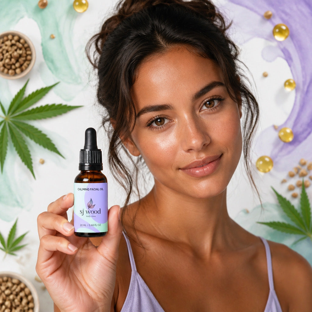 This is a picture of a lady with a tan complexion holding the SJ Wood Calming Facial Oil bottle.