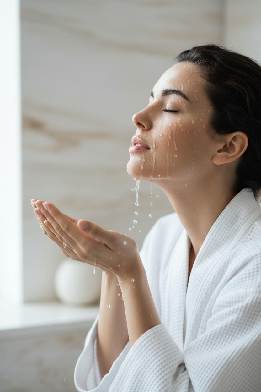 This is a picture of a pretty lady washing her face.