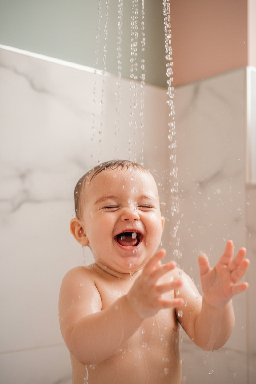 This is a picture of a baby taking a shower.