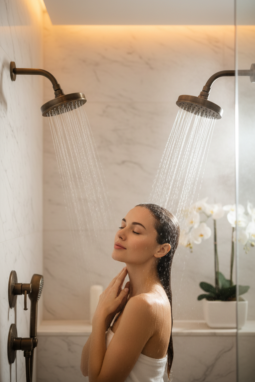 This is the picture of a lady taking a shower.