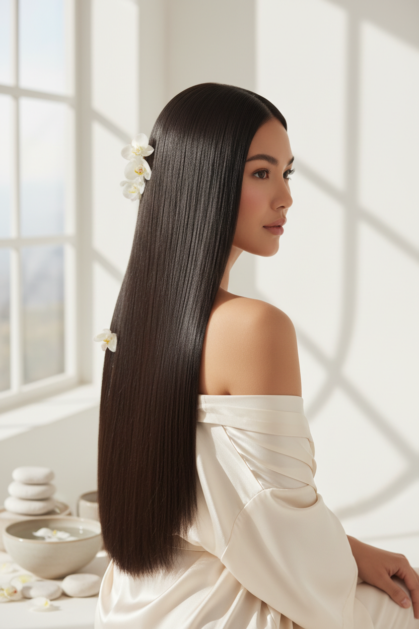 This is the picture of a lady with a long and glossy hair.