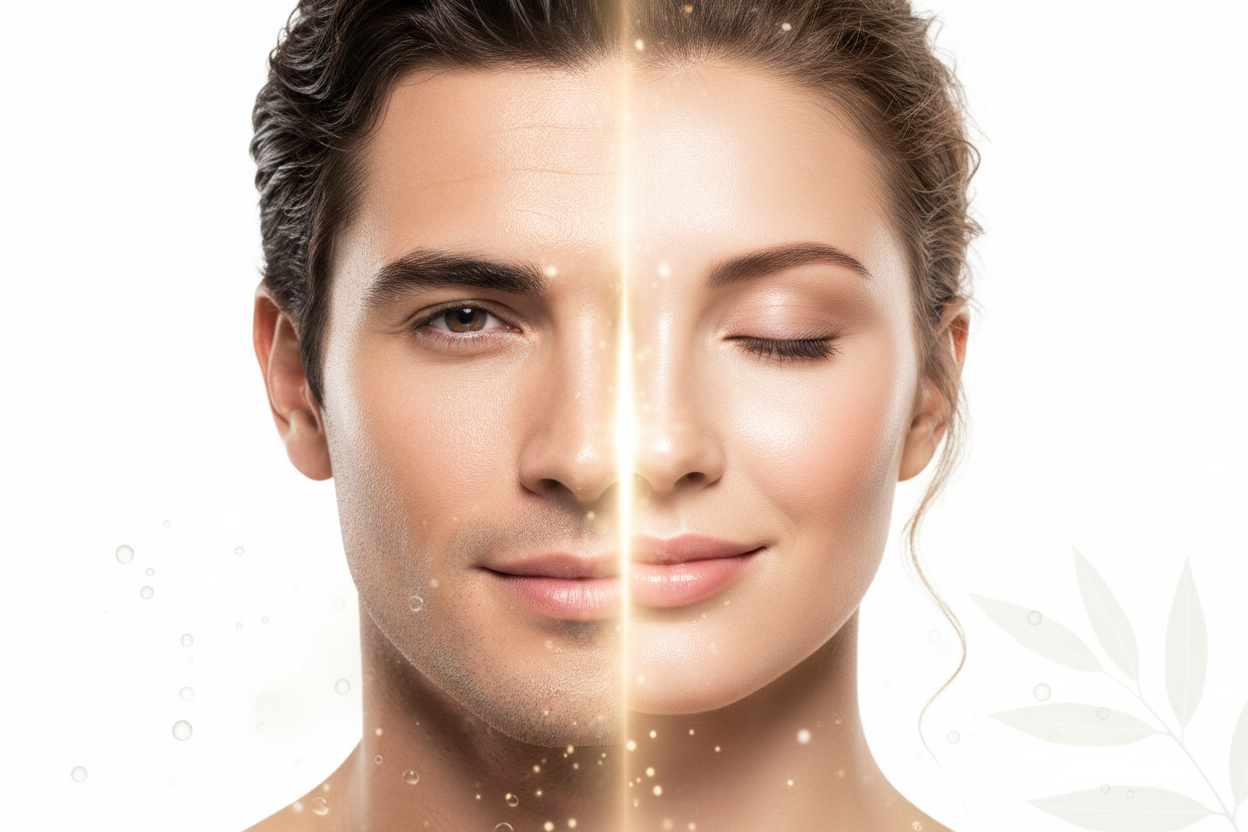 This a picture merging the youthful glowing face of a man and a woman.
