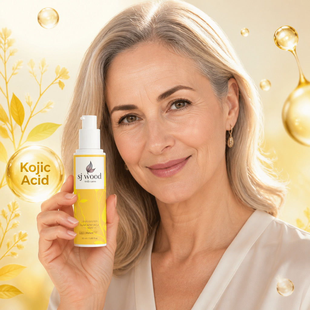 This is a picture of a woman holding the SJ Wood Dark Spot Face Cream with Kojic Acid.